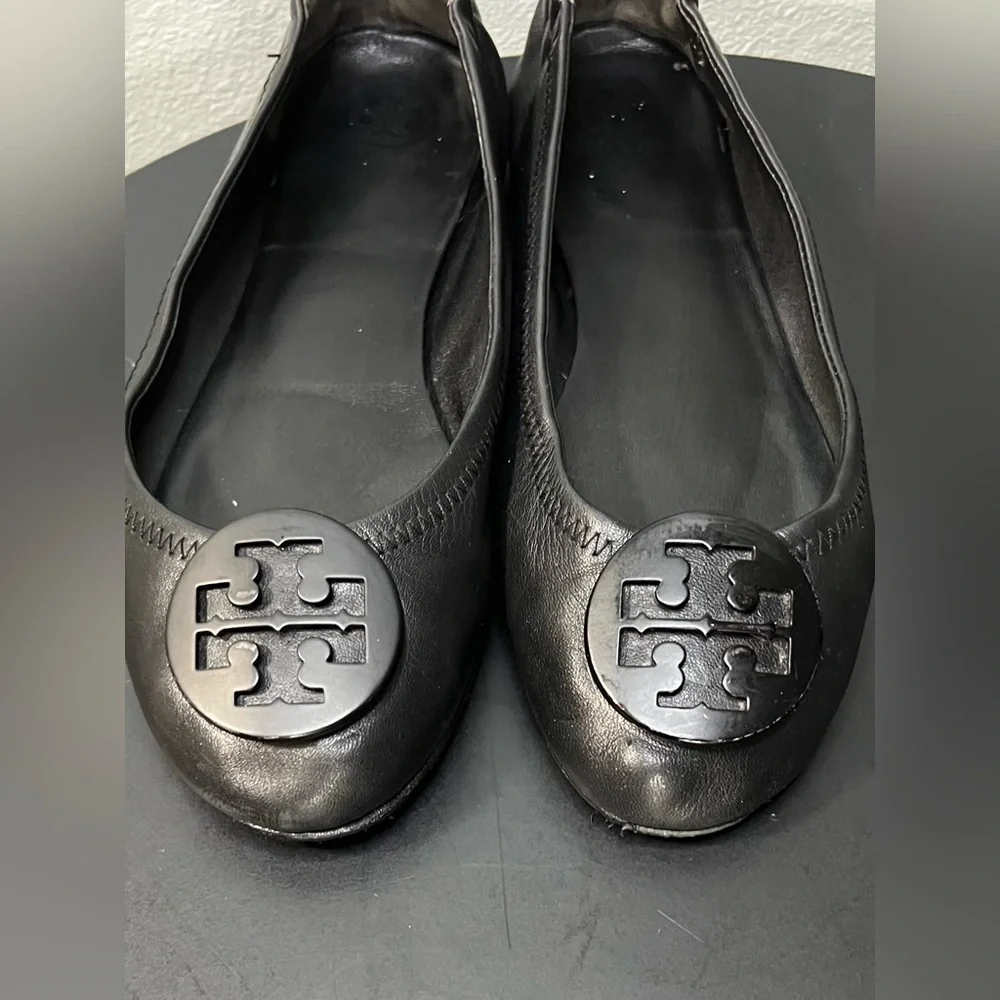 Tory Burch Black Leather Reva Travel Ballet Flats Casual Classic Office Business